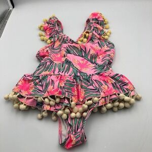 Nicole‎ Miller Swimsuit Girls 3T Pink Tropical Pom Pom Accents